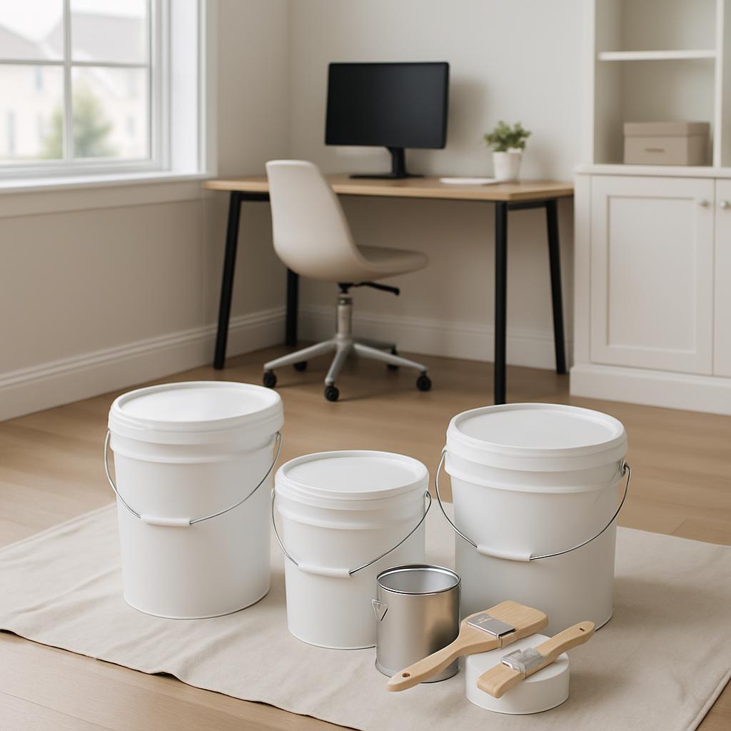 Five 5-gallon plastic paint buckets, paintbrushes, and an un-opened silver paint can sit atop a drop cloth on the floor of...